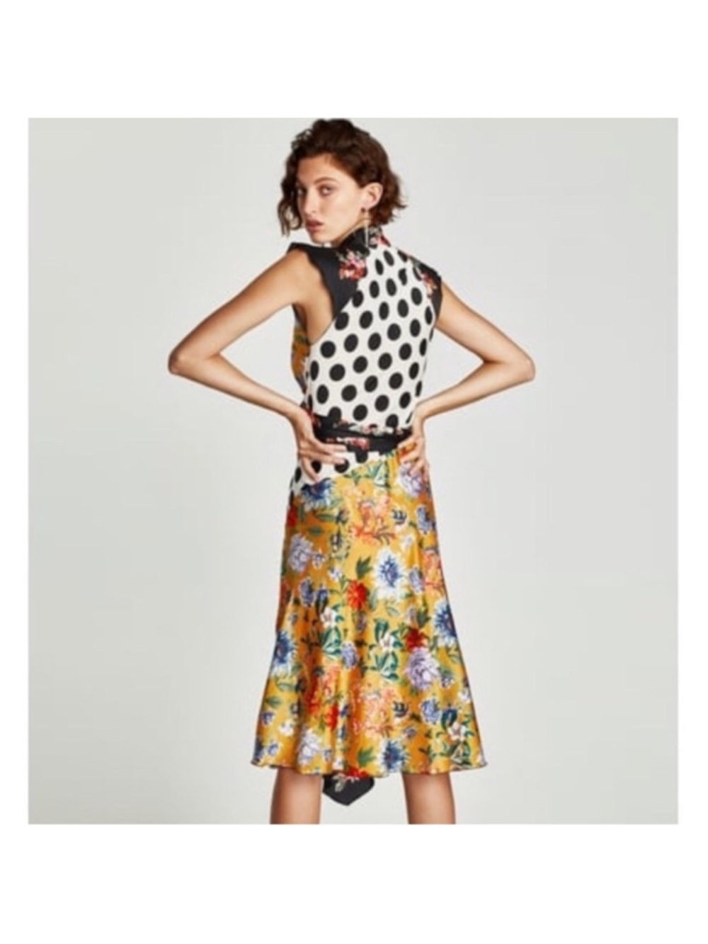 Zara  Polka Dot Patchwork Ruffle V-Neck Short Sleeve Mid Length Dress SZ XS - Picture 2 of 5